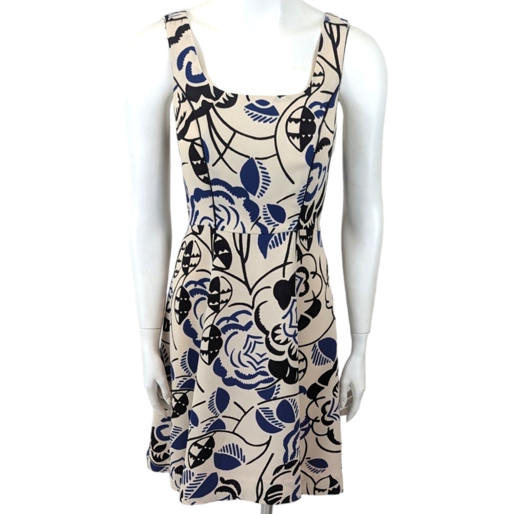 Anthropologie Vanessa Virginia Ink Blooms Fit & Flare Dress Womens 4 Ivory Blue